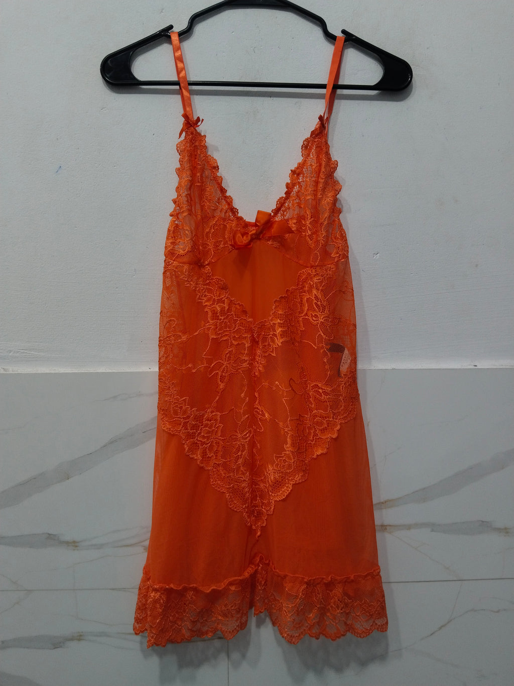 Women's Vibrant Orange Sheer Lace Babydoll Slip Nightwear Dress