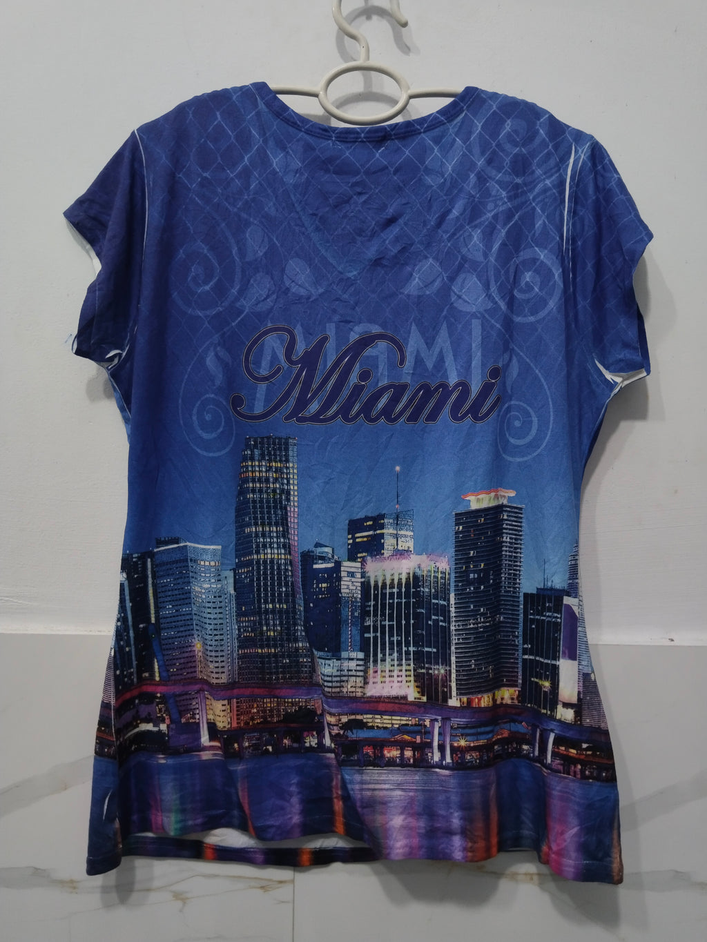 Women's Blue V-Neck T-Shirt with Miami City Skyline Print & Studded Logo