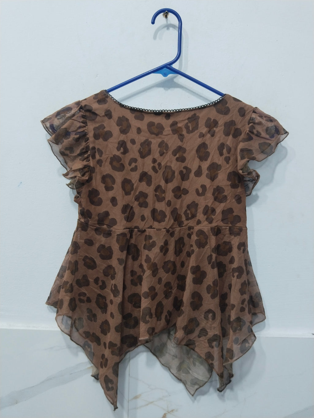 Women's Y2K Brown Leopard Print Sheer Mesh Ruffle Hem Babydoll Top