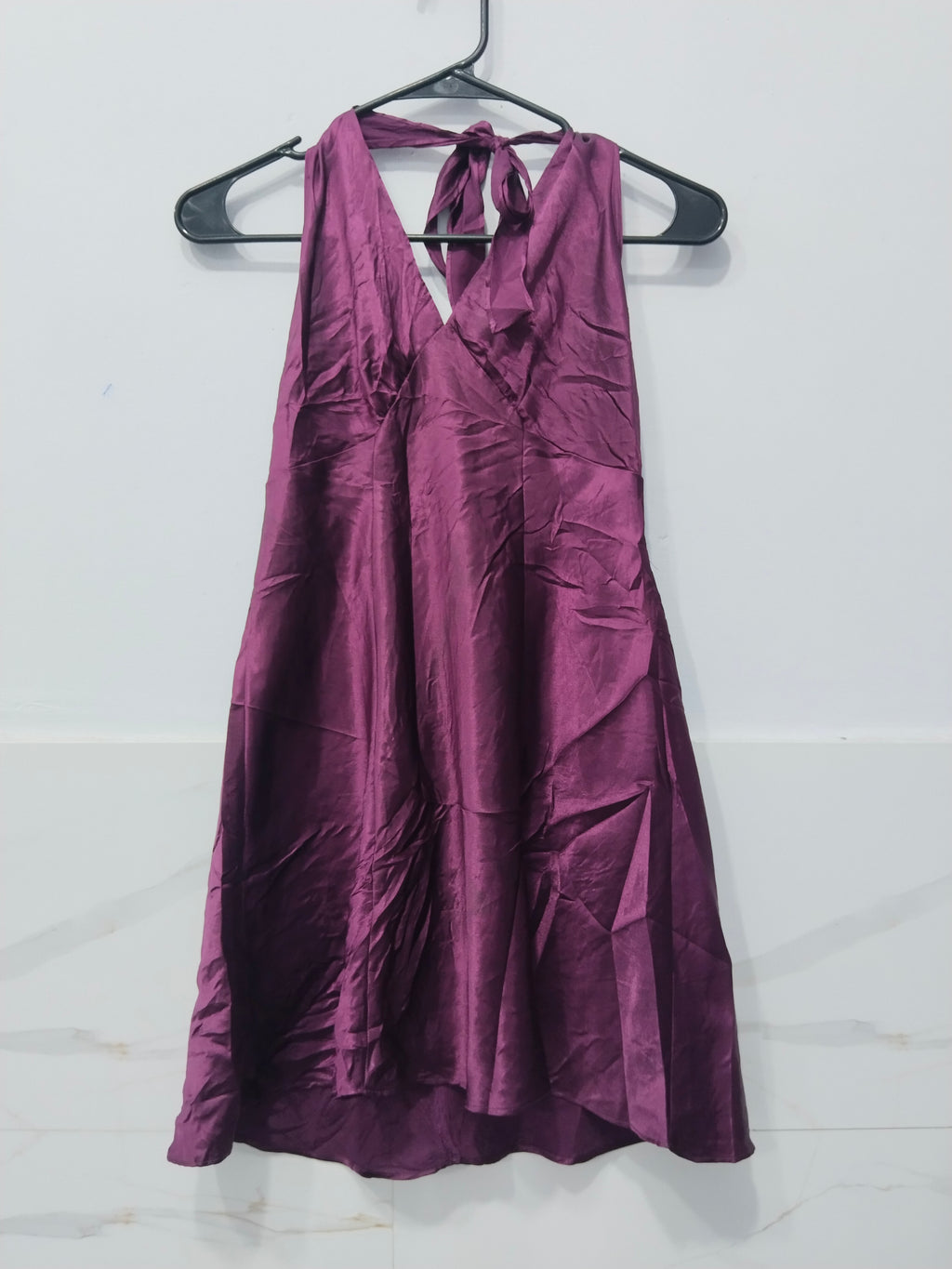 Women’s Purple Halter Neck Mini Dress – Sleeveless Tie Back Flare Dress