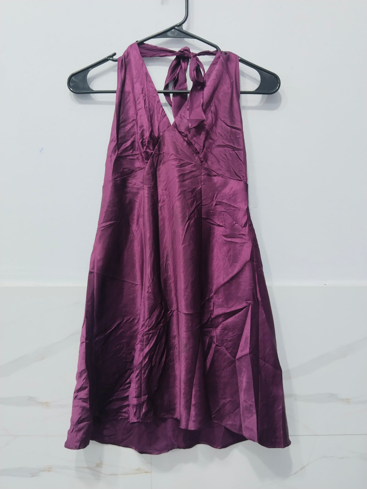 Women’s Purple Halter Neck Mini Dress – Sleeveless Tie Back Flare Dress
