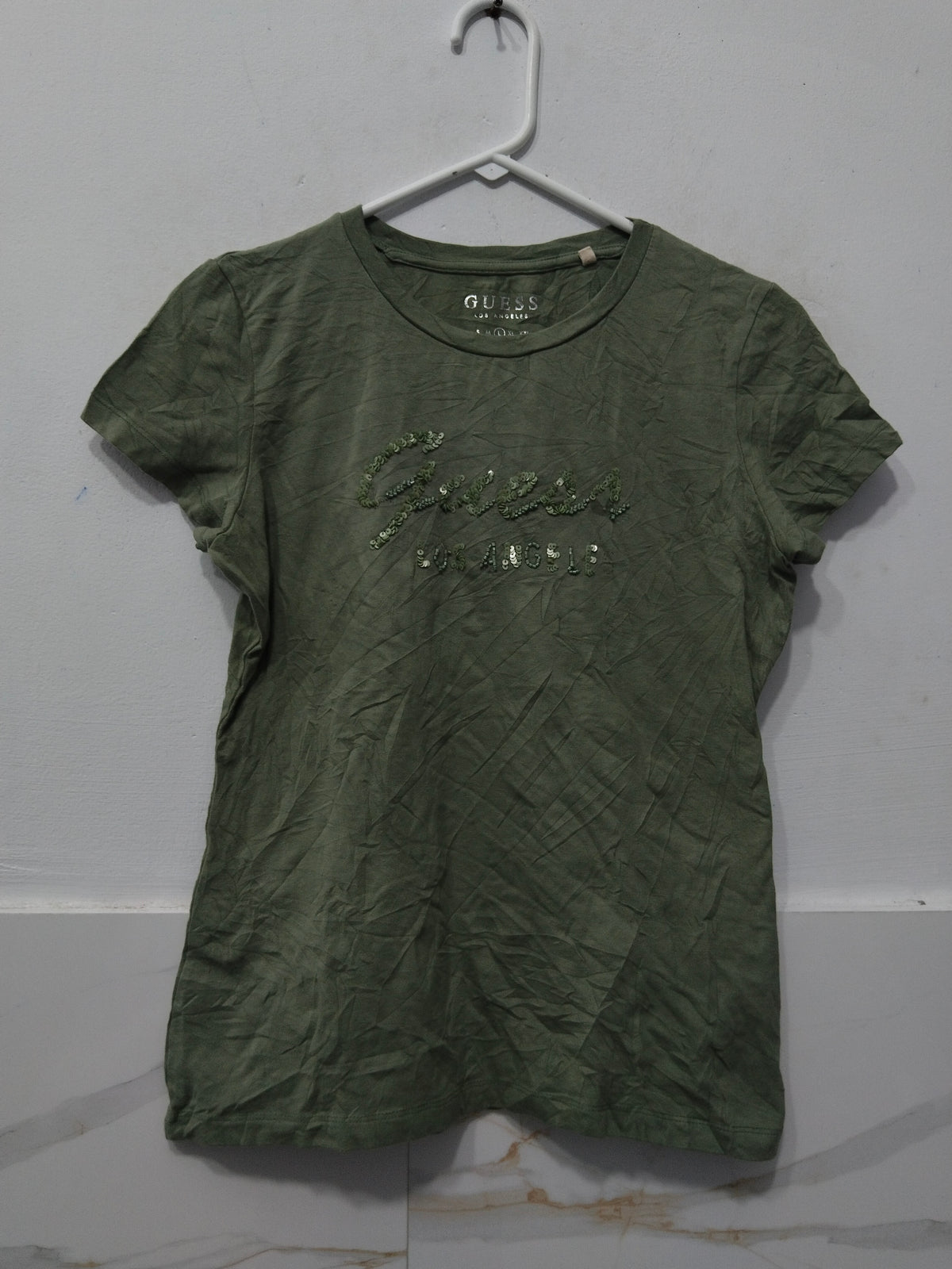 GUESS Los Angeles Women's Olive Green Short Sleeve T-Shirt with Embellished Logo