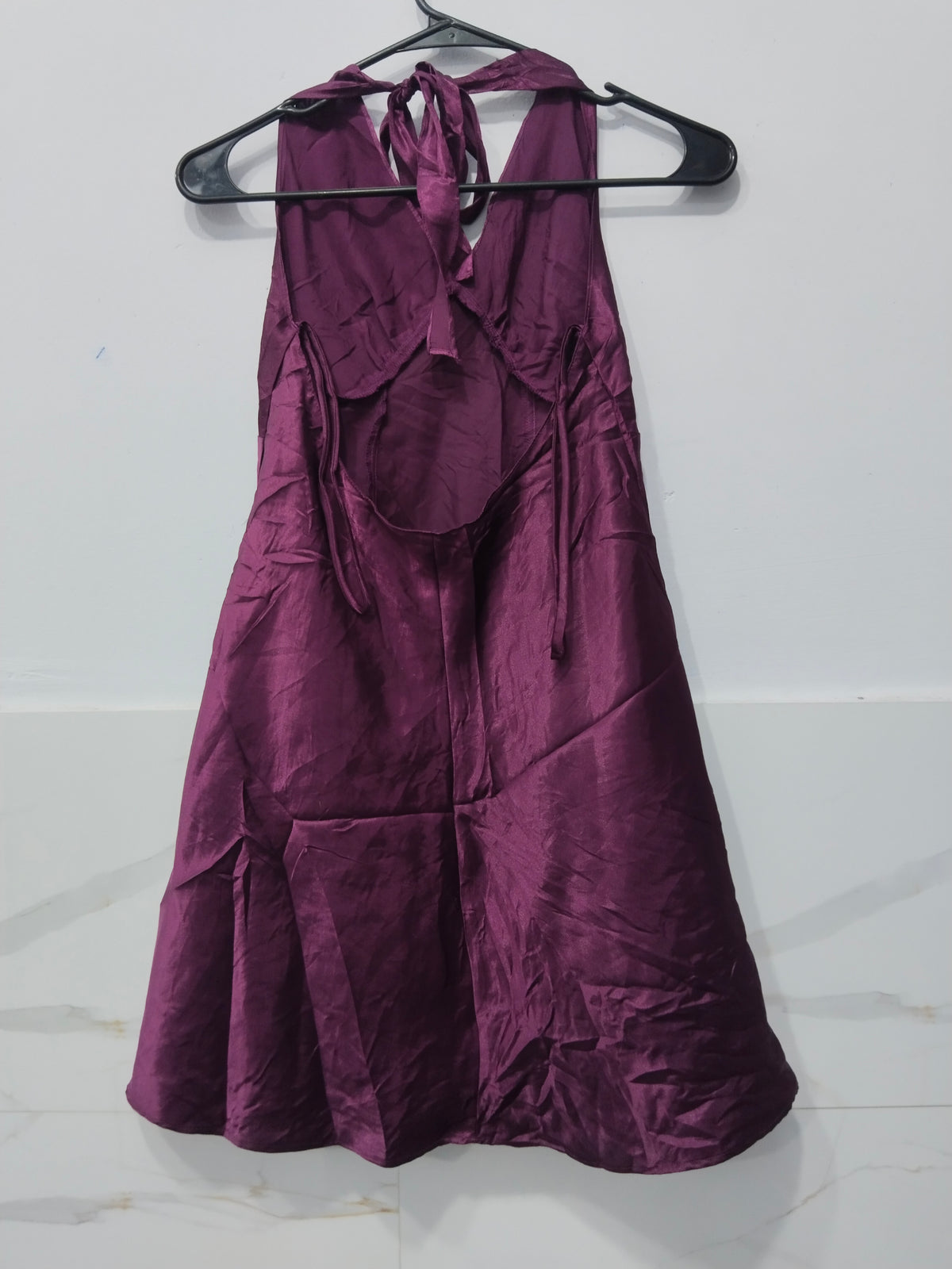 Women’s Purple Halter Neck Mini Dress – Sleeveless Tie Back Flare Dress