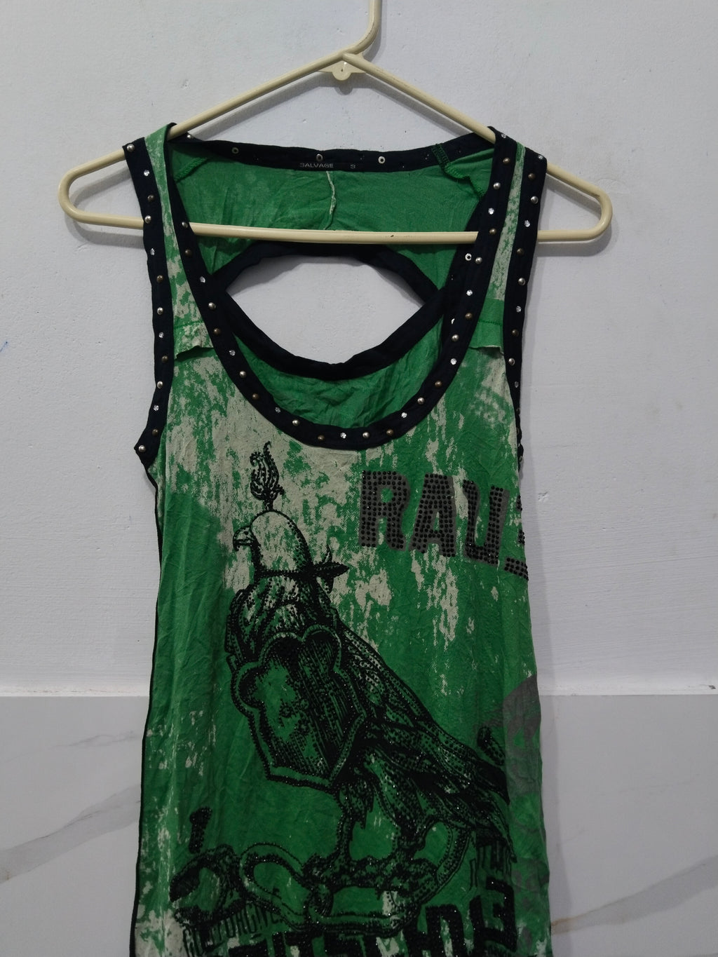 Women's Green Y2K Grunge Graphic Print Tank Top with Studded Straps & Cutout Back