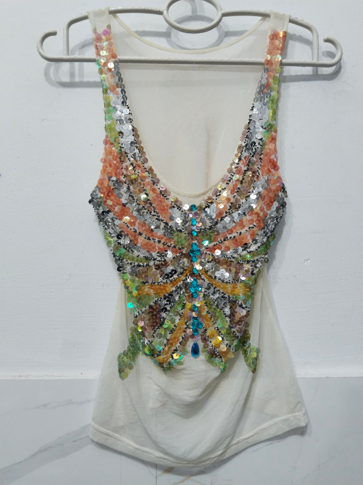 Trendy Sequined Butterfly Mesh Tank Top