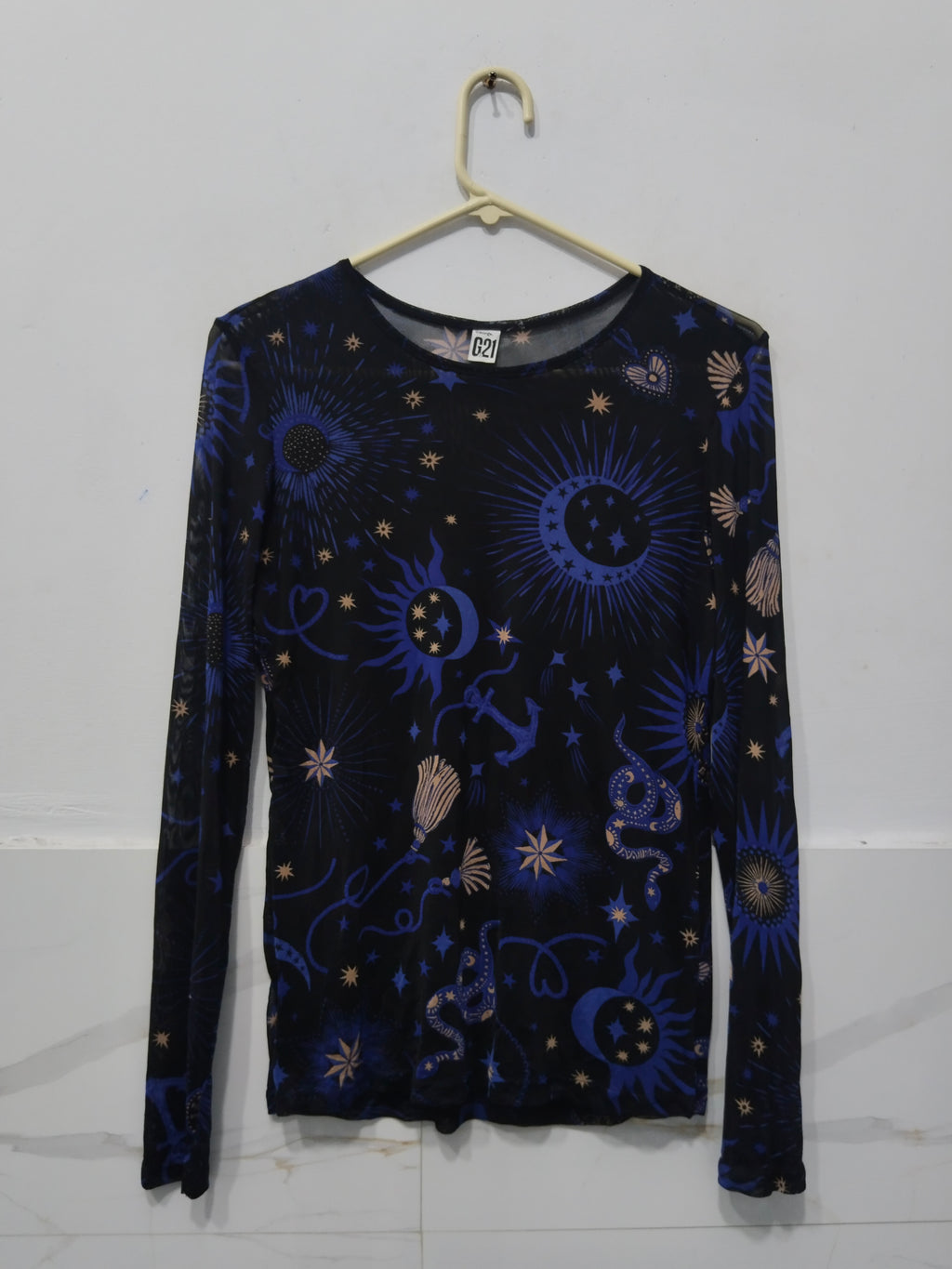 Women's Black & Blue Sheer Mesh Long Sleeve Top with Celestial Sun, Moon, Star & Snake Print