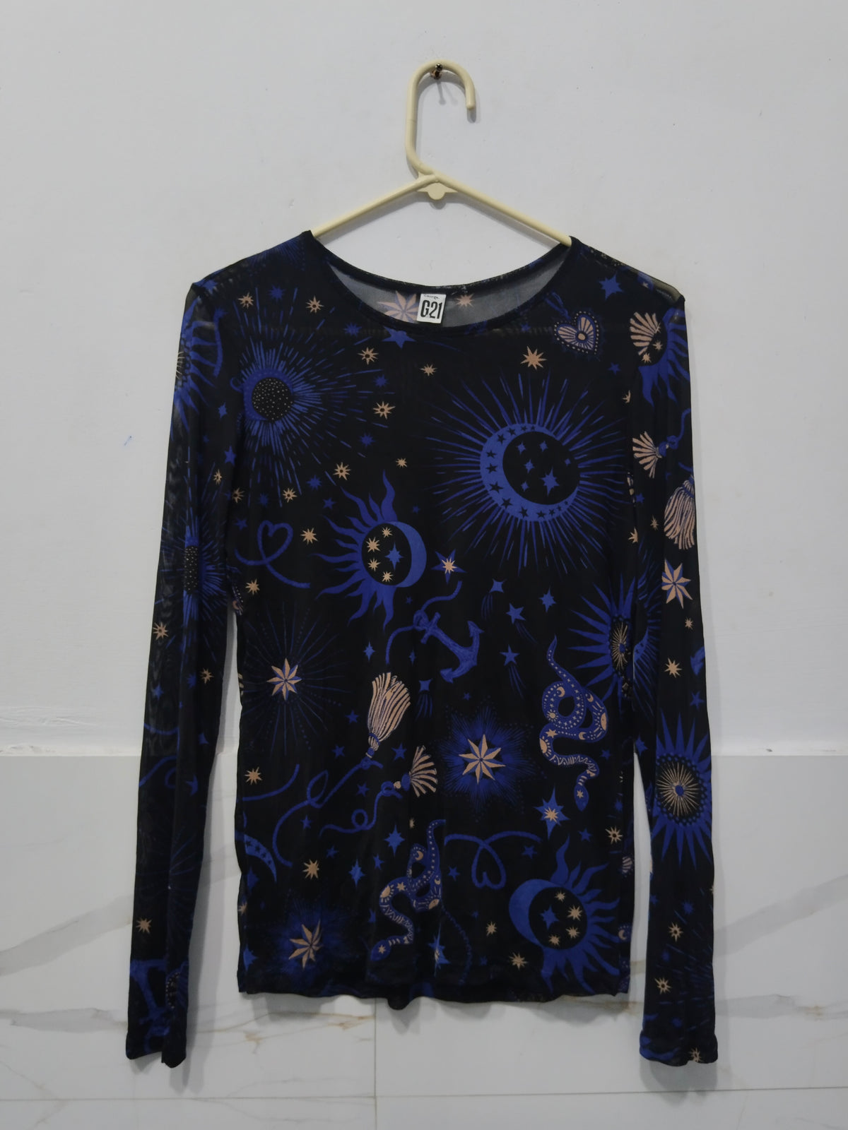 Women's Black & Blue Sheer Mesh Long Sleeve Top with Celestial Sun, Moon, Star & Snake Print
