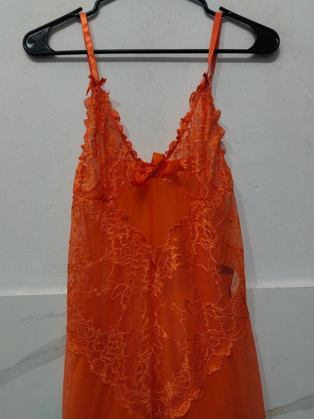 Women's Vibrant Orange Sheer Lace Babydoll Slip Nightwear Dress