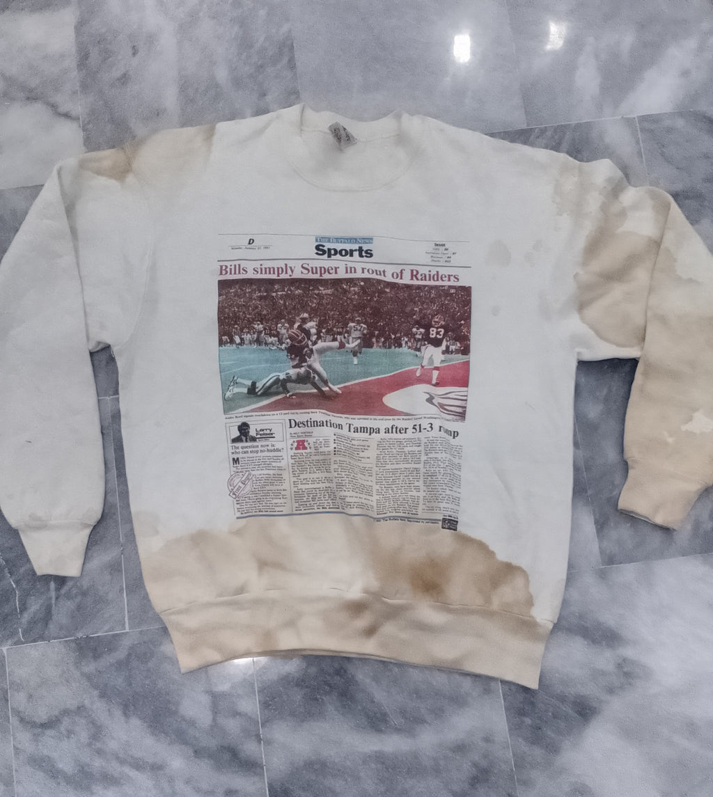 Vintage 90s Buffalo Bills Newspaper Print Custom Bleached Sweatshirt XL Fruit of the Loom