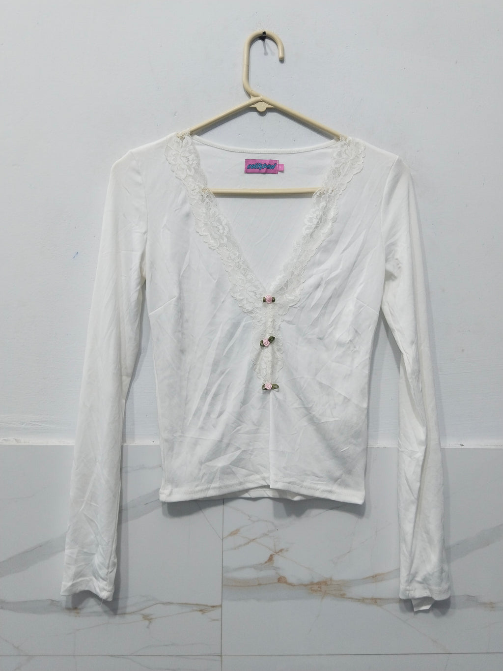 Women's White Long Sleeve V-Neck Top with Lace Trim & Rose Button Accents