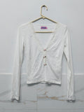 Women's White Long Sleeve V-Neck Top with Lace Trim & Rose Button Accents