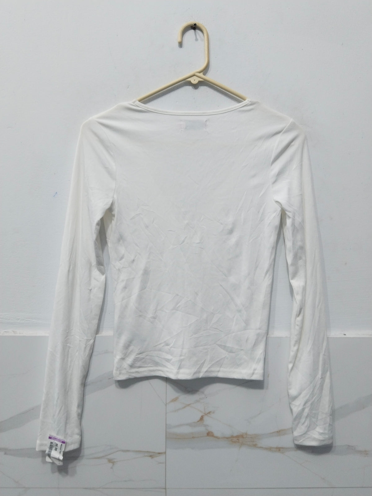 Women's White Long Sleeve V-Neck Top with Lace Trim & Rose Button Accents
