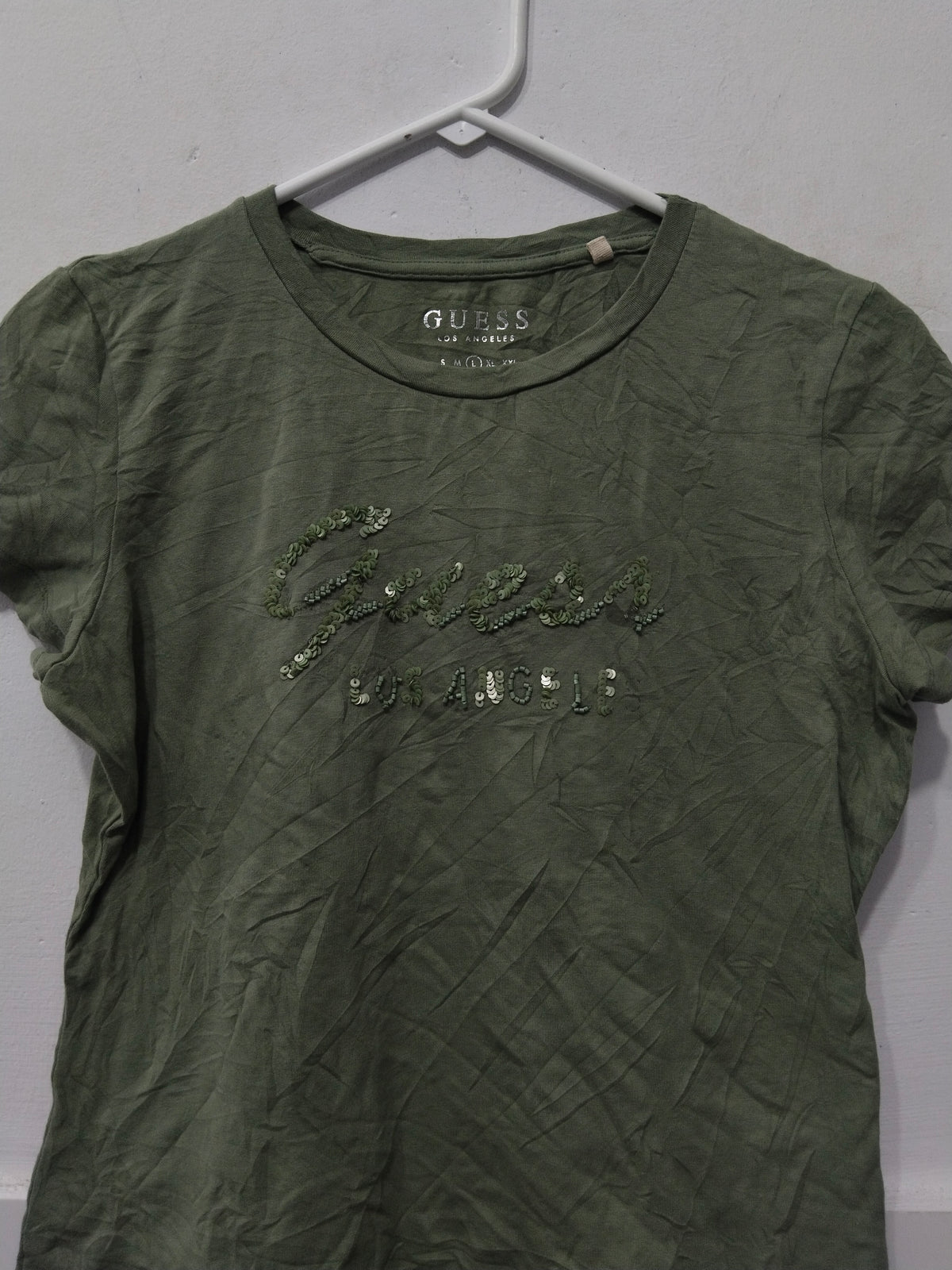 GUESS Los Angeles Women's Olive Green Short Sleeve T-Shirt with Embellished Logo